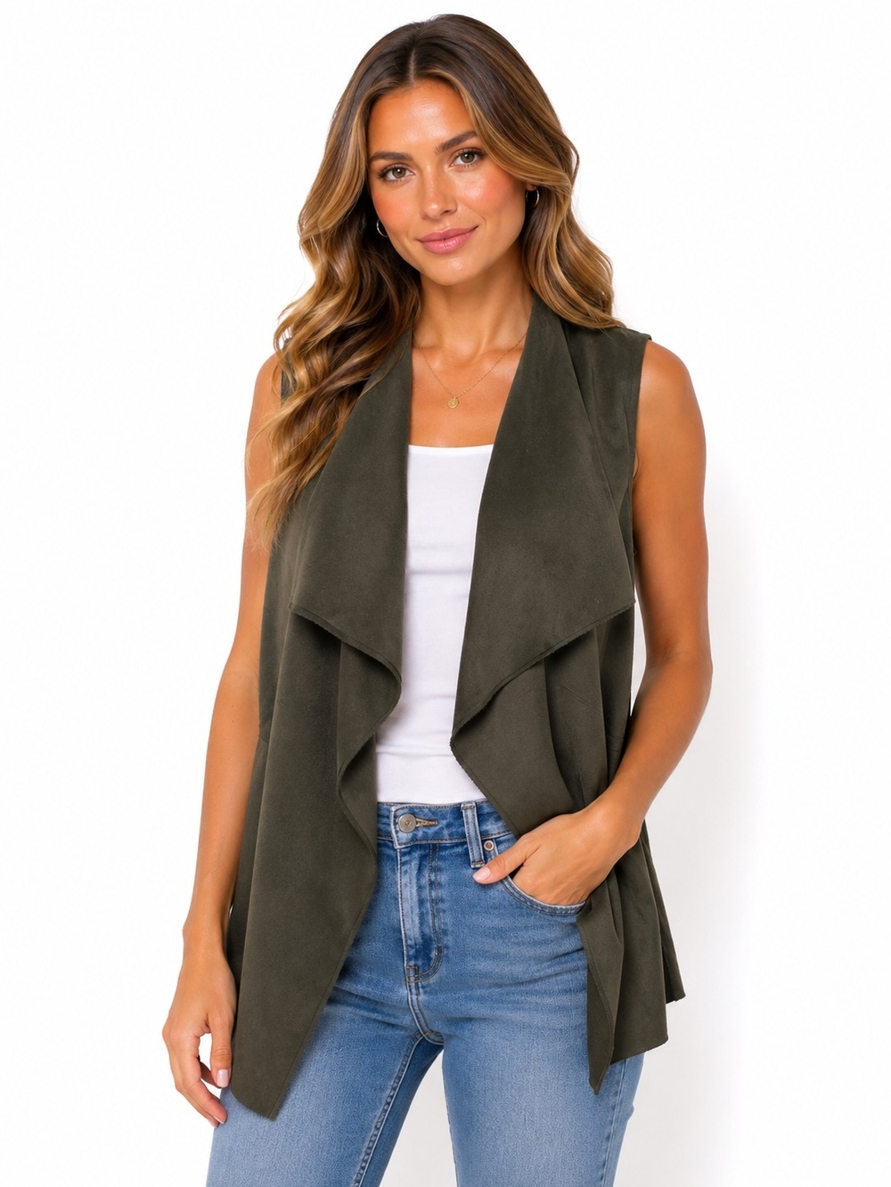 Philosophy Olive Draped Waterfall Sleeveless Vest